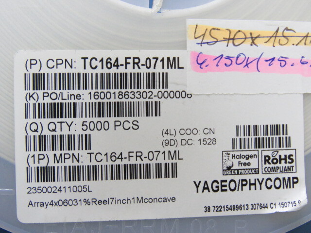 YAGEO TC164-FR-071ML Qty of 4150 per Lot 1M Ohm �1% 62.5mW Power Per Element