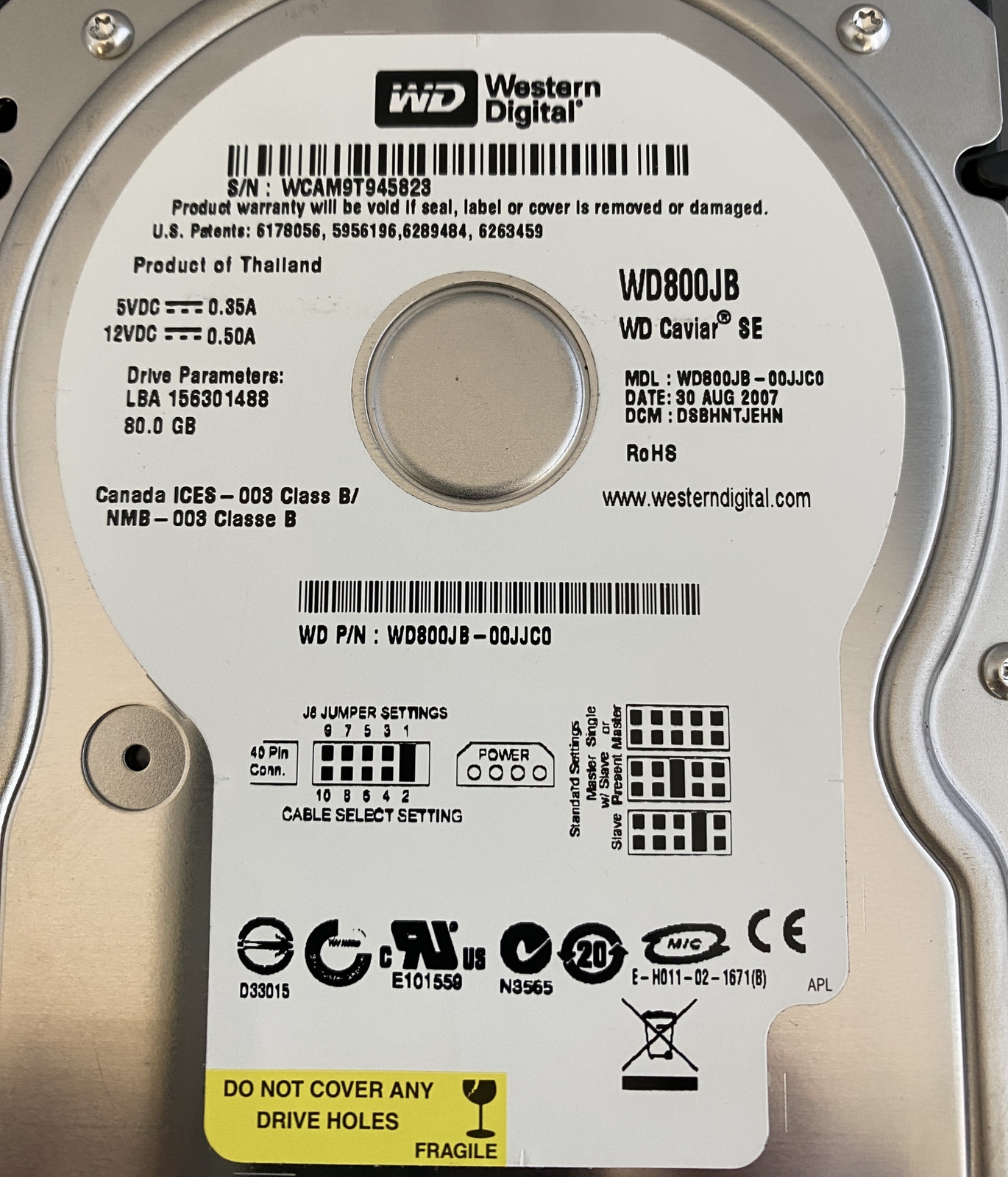 Western Digital WD Caviar SE Hard Drive PN: WD800JB