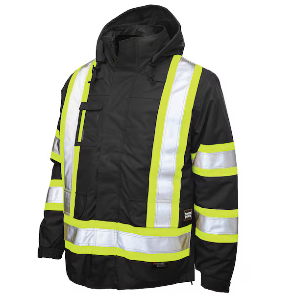 Men’s Hi-Vis 5-in-1 Safety Jacket, 300D Poly Oxford with PU Coating, Black, 3XL