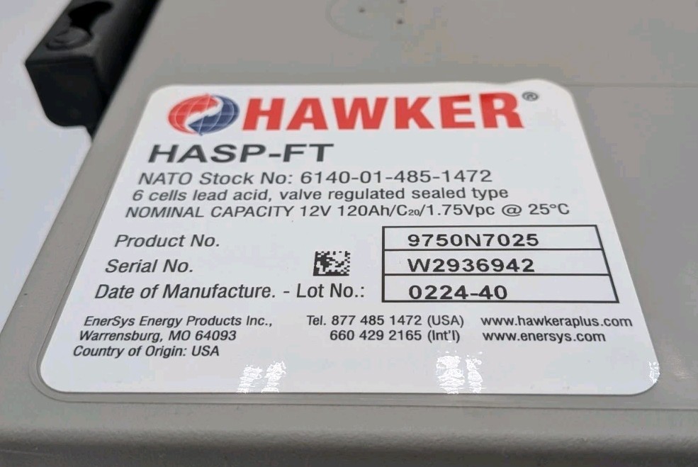 Hawker ARMASAFE PLUS HASP-FT 6TAGM Battery 12V 9750N7025 2/2024 Mfd Date