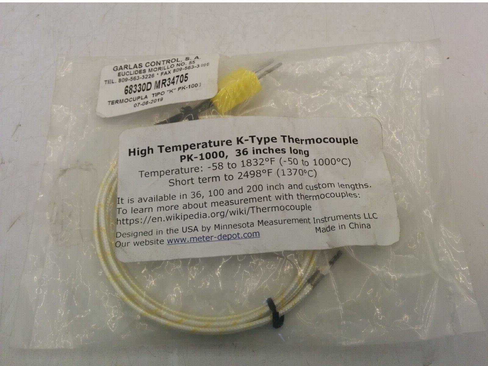 MINNESOTA MEASUREMENT PK-1000 K-TYPE THERMOCOUPLE , 36″ LONG, NIB