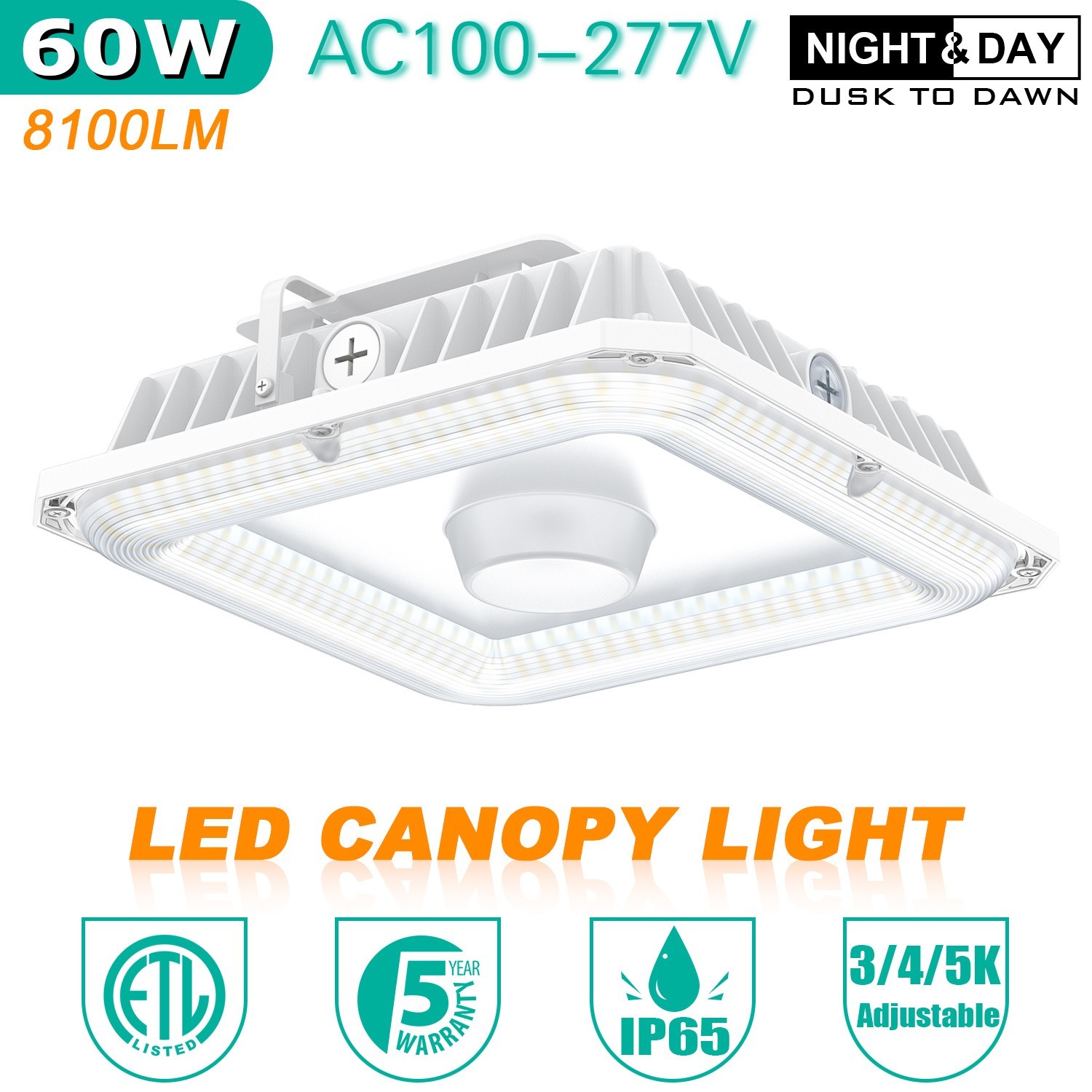 60W LED Canopy Light Outdoor Parking Lot Gas Station Lamp 4500K/5000K/5700K