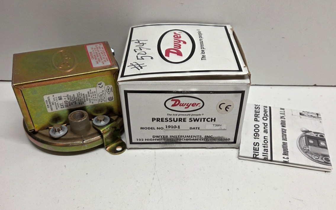 NEW IN BOX! DWYER 15A 480V 1/8″ 0.4-1.6″ WC PRESSURE SWITCH 1910-1
