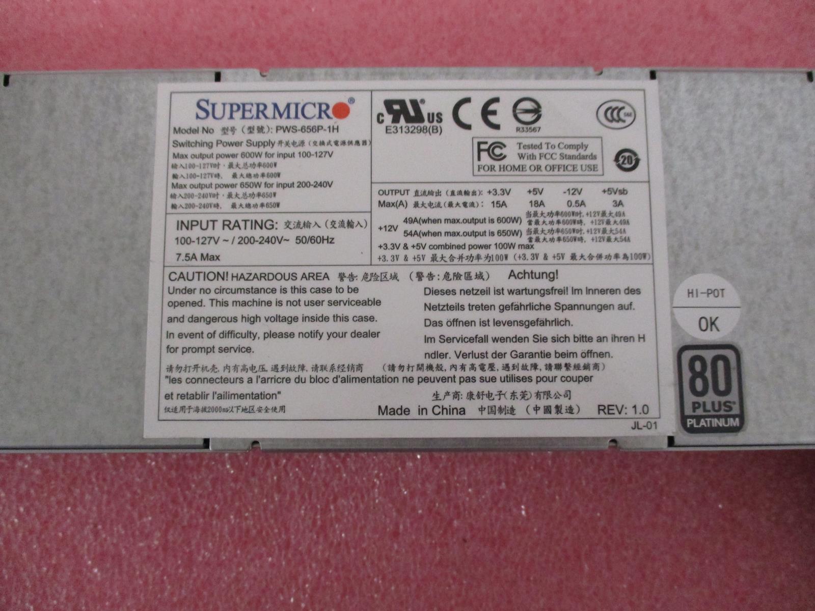 SUPERMICRO PWS-656P-1H 80 PLUS PLATINUM 650W 200-240V SWITCHING POWER SUPPLY