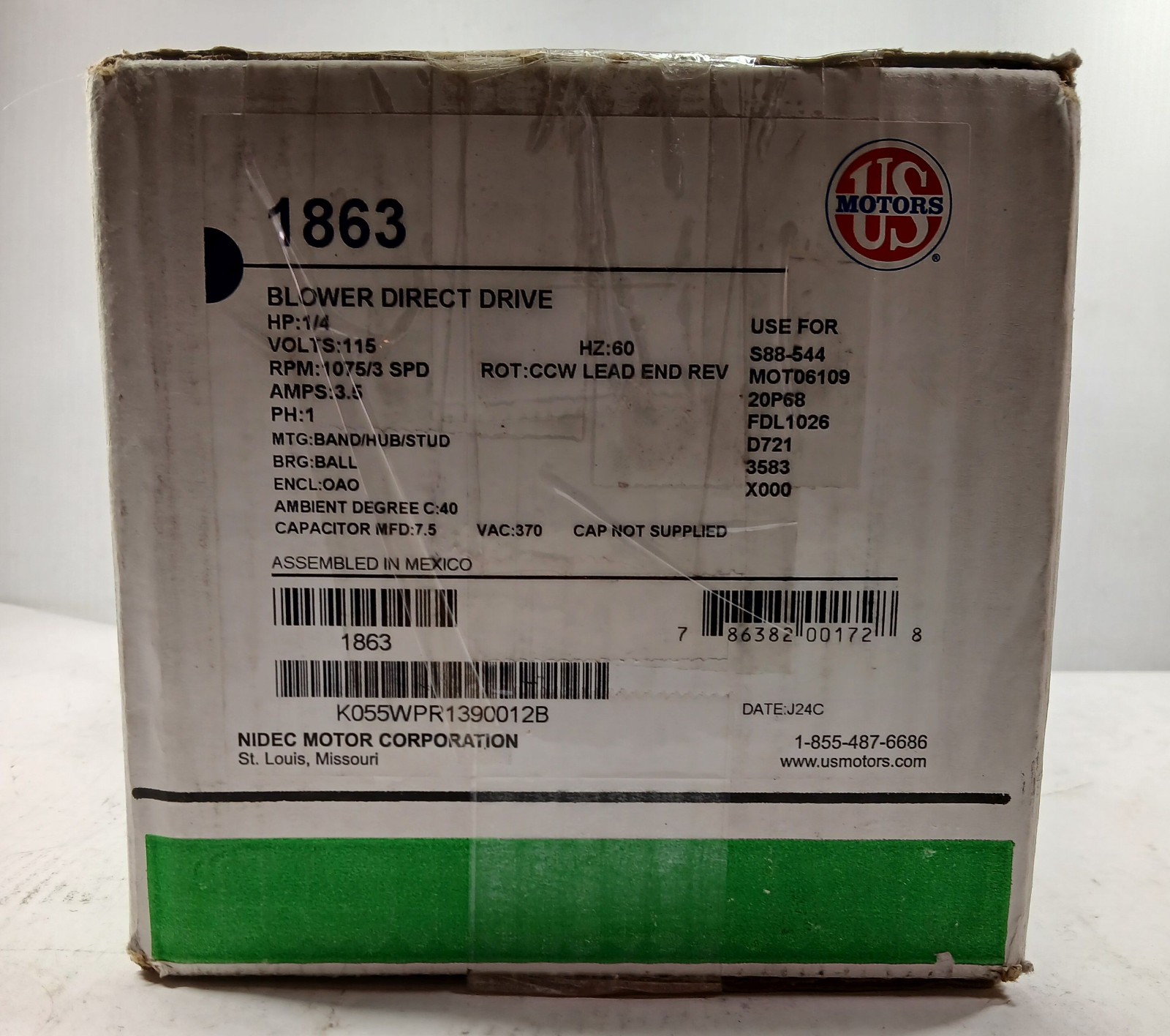 1 NEW US MOTOR 1863 DIRECT DRIVE BLOWER MOTOR NIB ***MAKE OFFER***