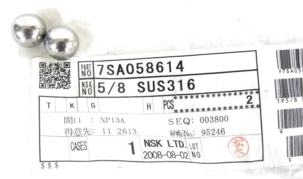 LOT OF 2 NEW NSK LTD. 7SA058614 CHROME BALLS 5/8 SUS316