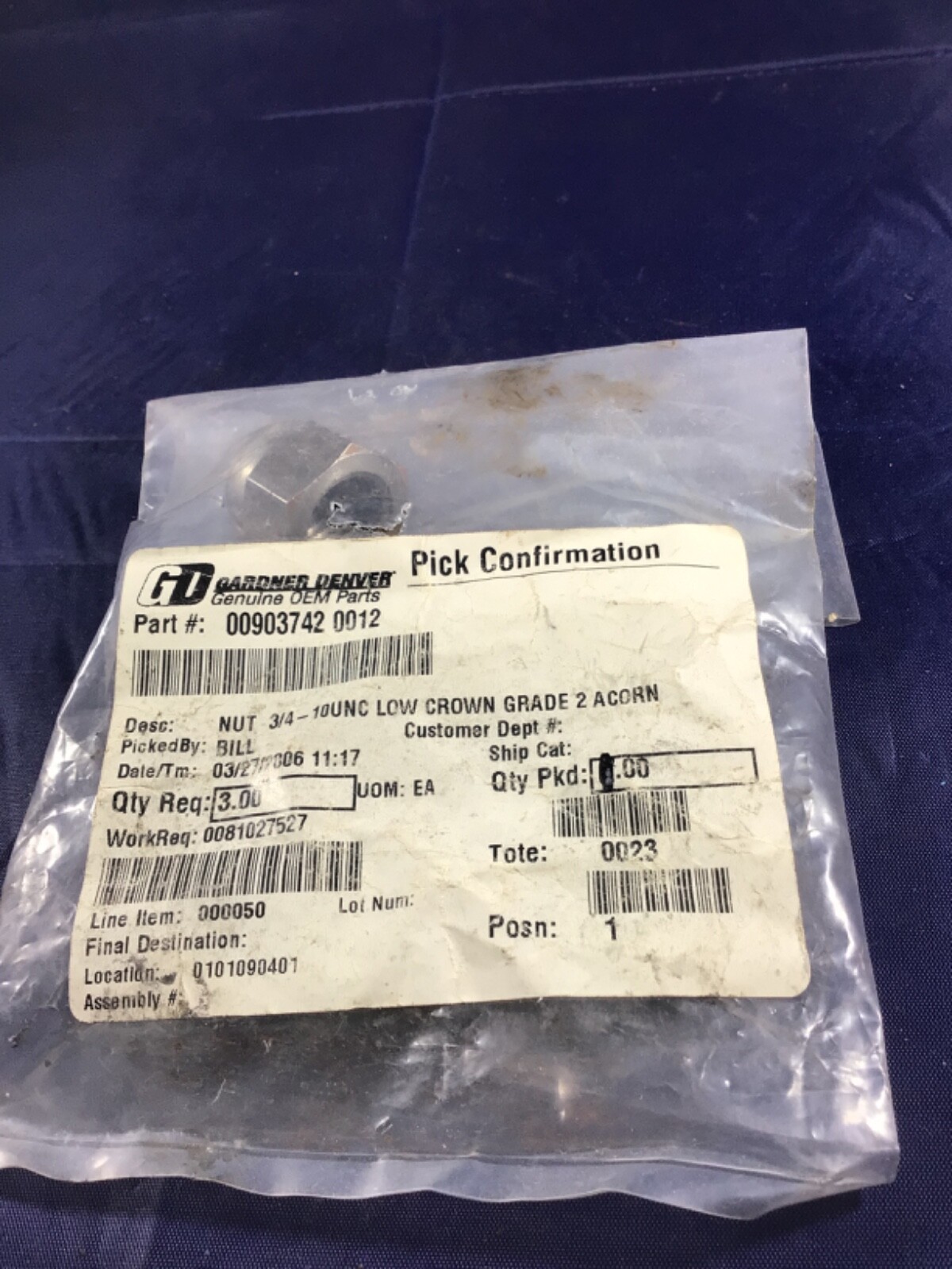 Gardner Denver 00903742 0012 Nut 3/4 – 10 UNC Low Crown Grade 2 Acorn