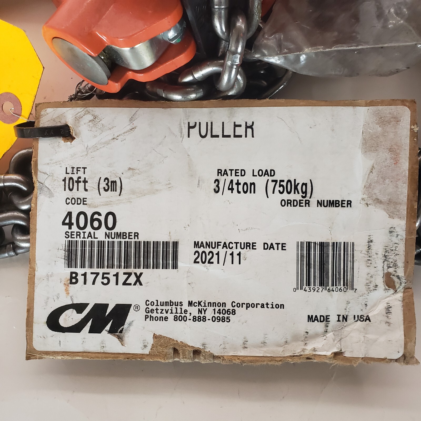 CM 4060 Manual Lever Hoist: 1,500 lb Limit, 58 lb Pull to Lift Load, 1 Chain