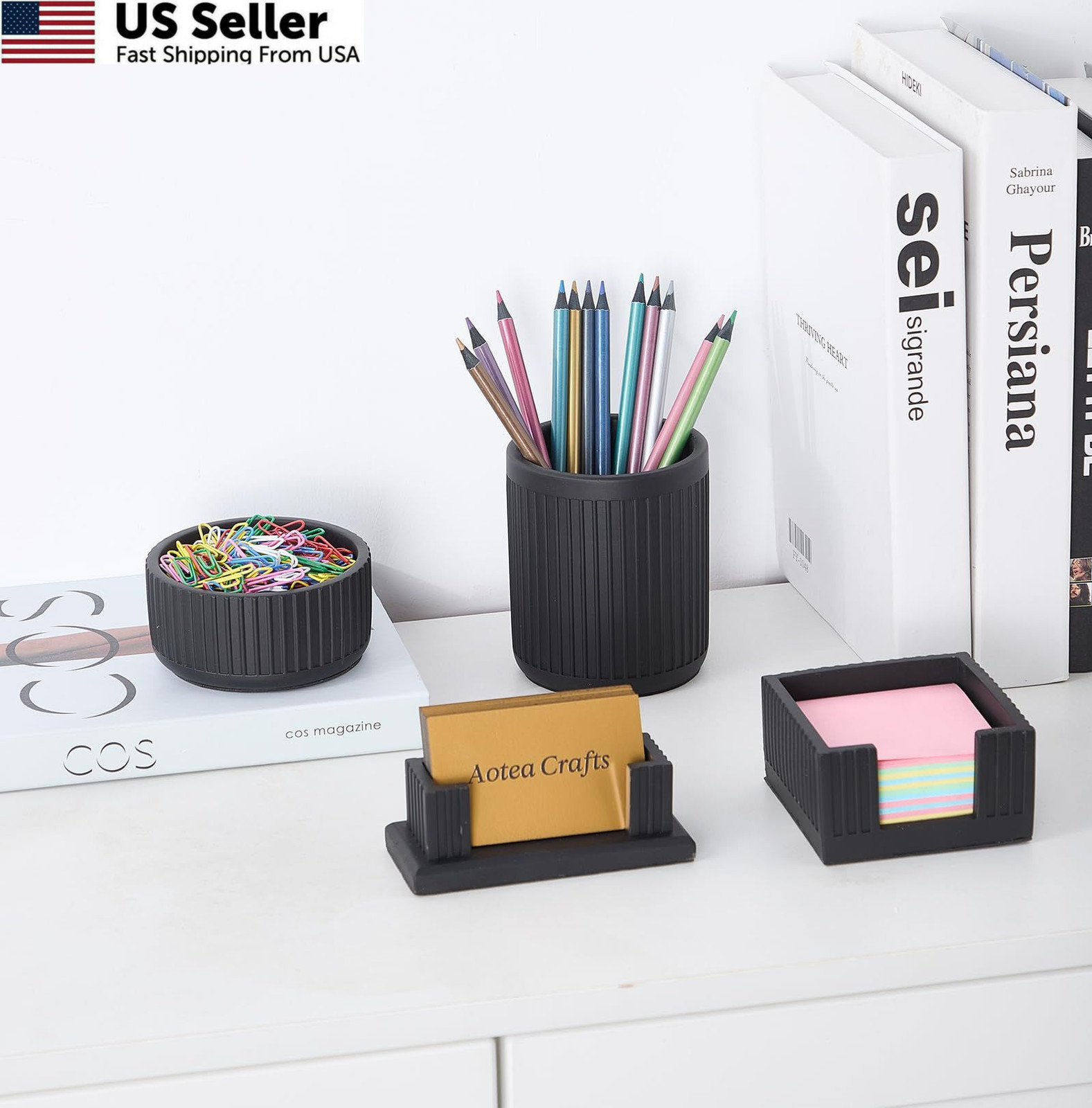 Set of 4 – Concrete Desk Accessories For Modern, Industrial, Charcoal Black