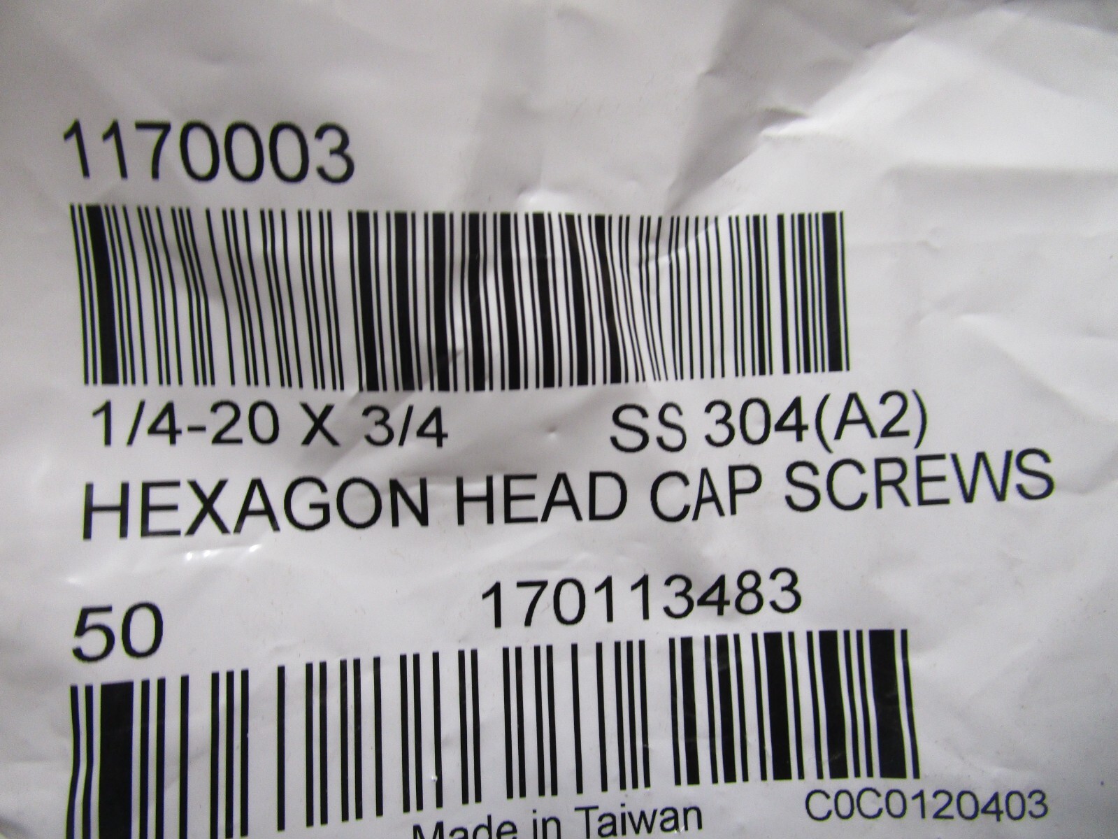 1/4″-20 x 3/4″ ASTM F593 18-8 Stainless Steel Hex Cap Screw QTY 50