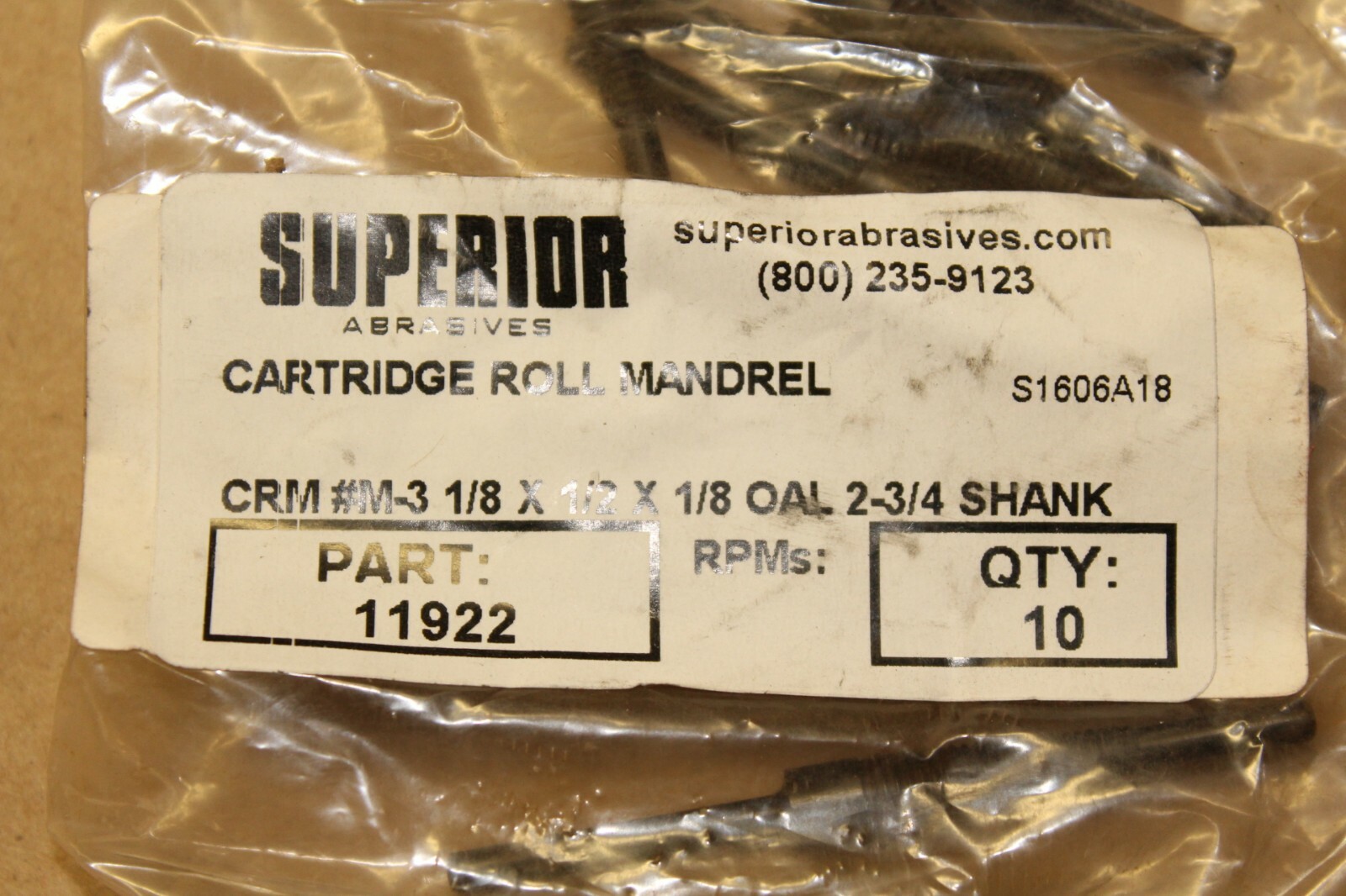 Superior Abrasive Catridge Roll Mandrel CRM #M-3-1/8×1/2×1/8×2-3/4 11922 QTY 10