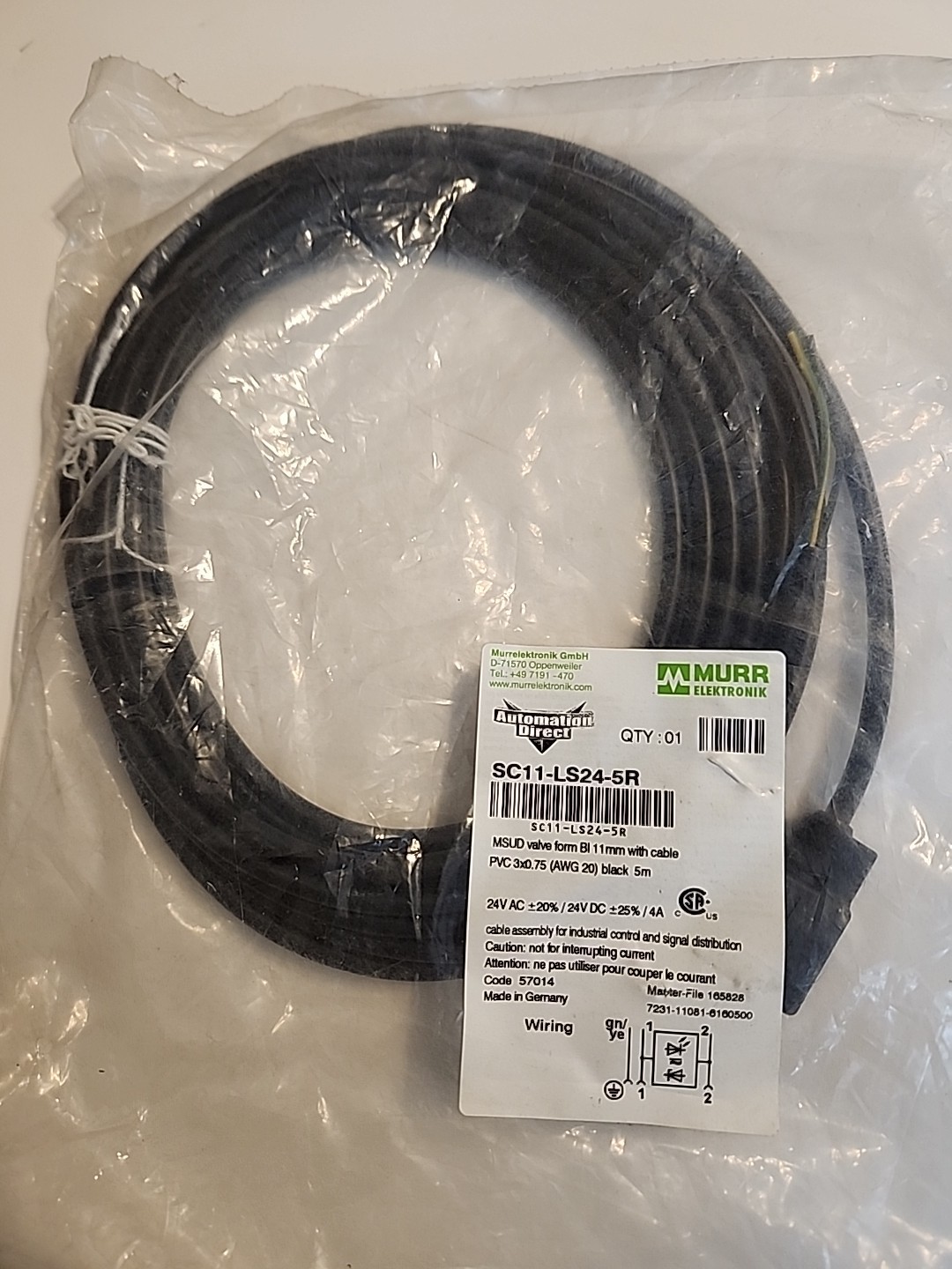 (NEW) MURR ELEKTRONIK / AUTOMATION DIRECT SC11-LS24-5R 24V Solenoid Valve Cable