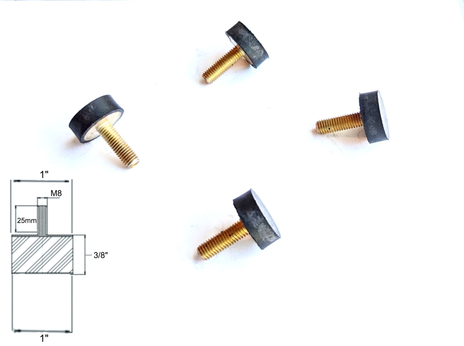 4 Rubber Vibration Isolator Mounts (1″ Diameter x 3/8” Height) M8 x 25mm Long S