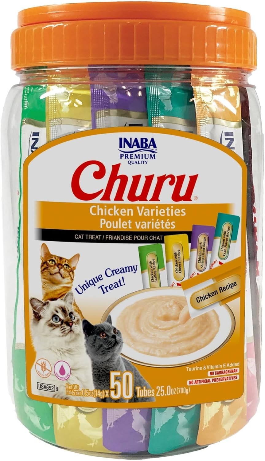 (2 Pack) INABA Churu Chicken Puree Variety Pack Lickable Cat Treats – 50 Count