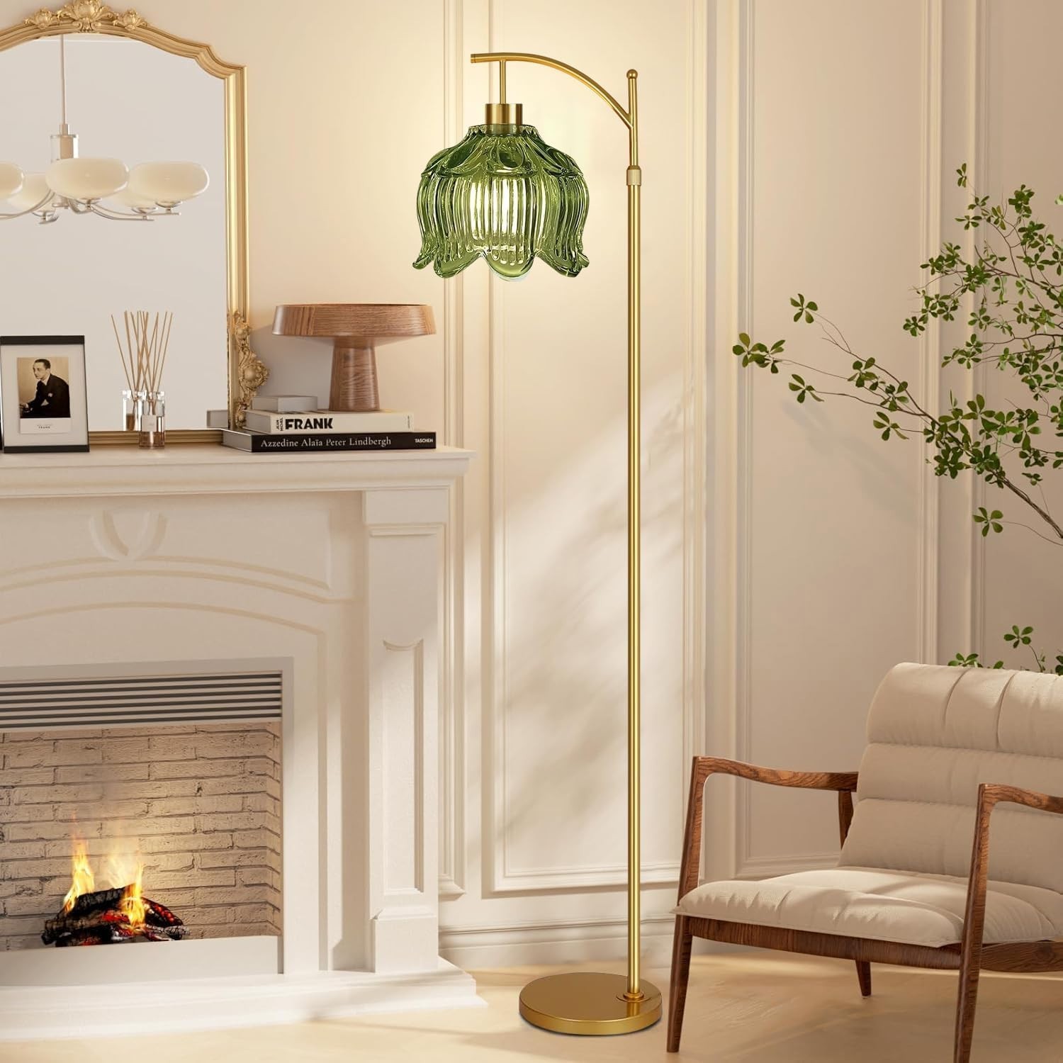 Mid Century Modern Gold Floor Lamp with Remote – Dimmable Brass & Green Glass Ar