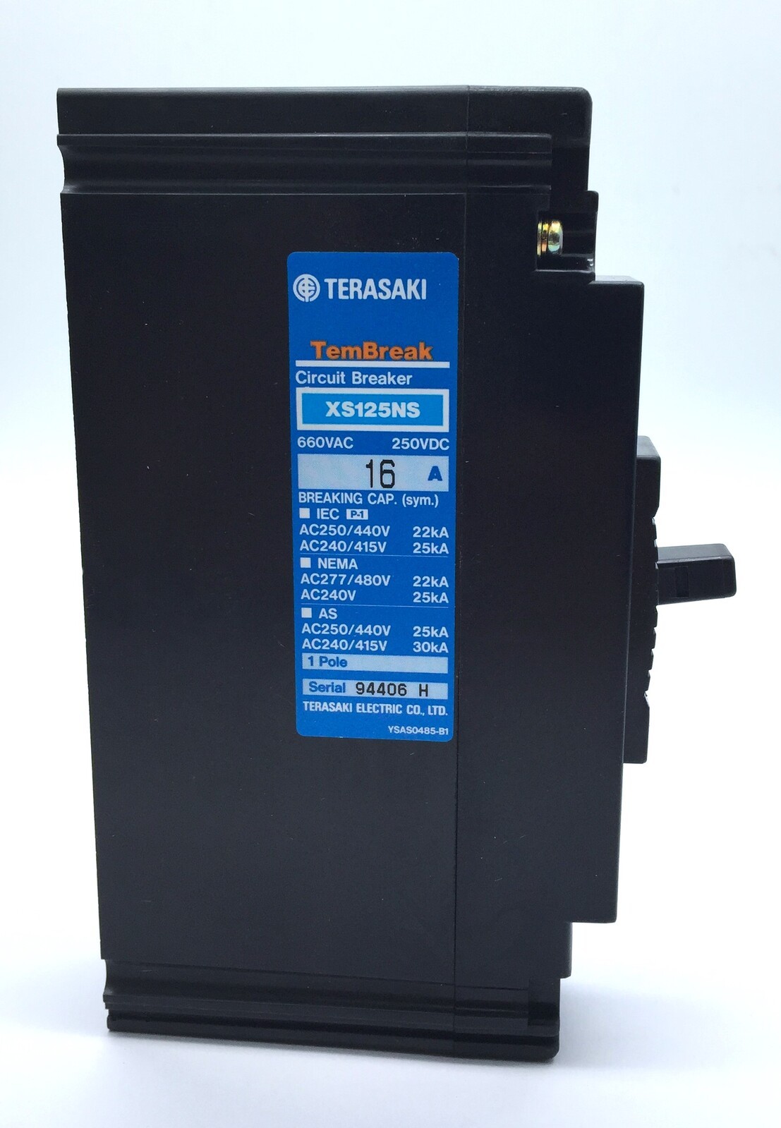 Terasaki Tembreak XS125NS MCCB 16A FC 1P 240/215VAC 25kA 600VAC 250VDC