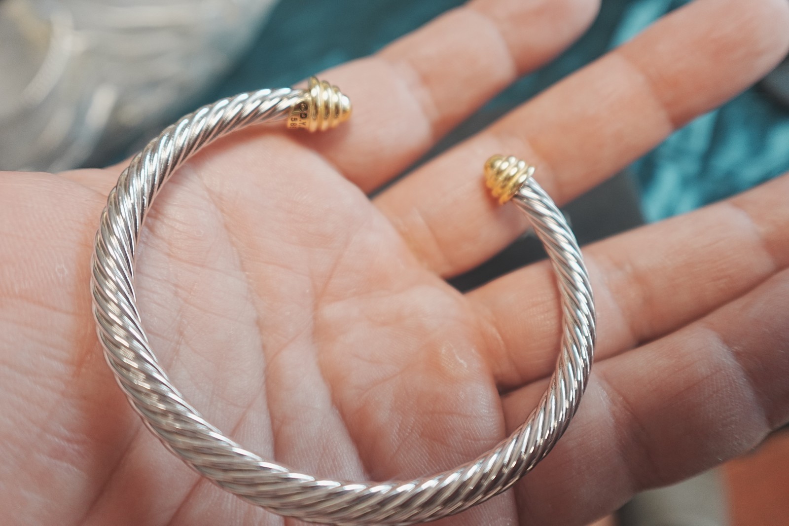 New.DavidYurman.4mm.Classic Cable.Sterling Silver BraceIet&18k Gold Dome BangIe