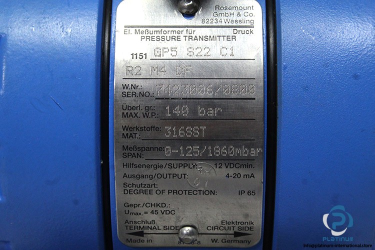 ROSEMOUNT 1151GP5S22C1R2M4DF PRESSURE TRANSMITTER_-600 / 0 MBAR_ 12 VDC_140 bar