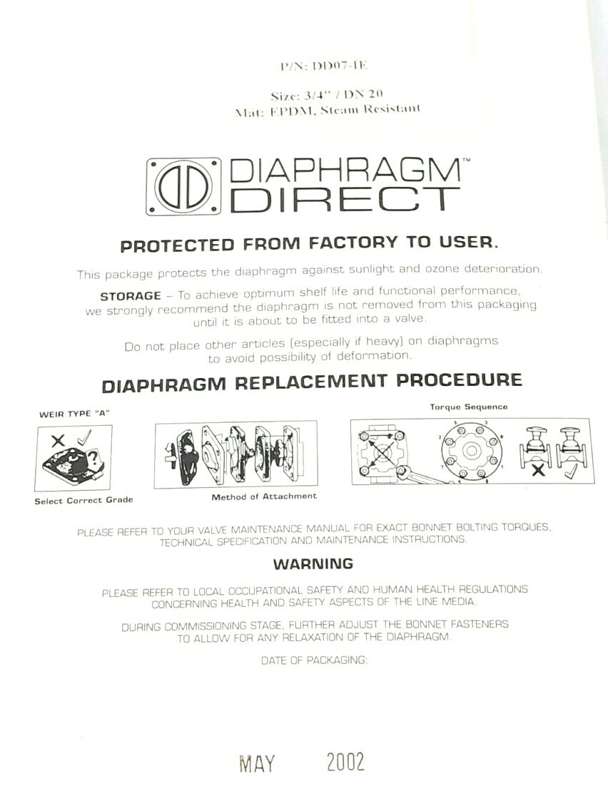 NEW DIAPHRAGM DIRECT P/N: DD07-IE SIZE: 3/4” / DN 20 MAT: EPDM, STEAM RESISTANT