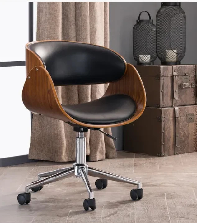 Mid-century Modern Office Chair Adjustable Black Upholstered Swivel Wood Metal