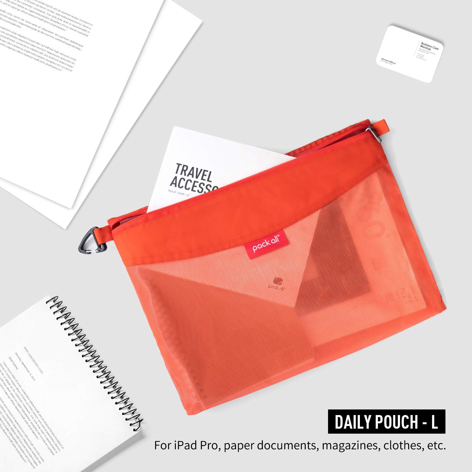pack all Water-resistant Material Zipper Pouch, Mesh Large, Orange