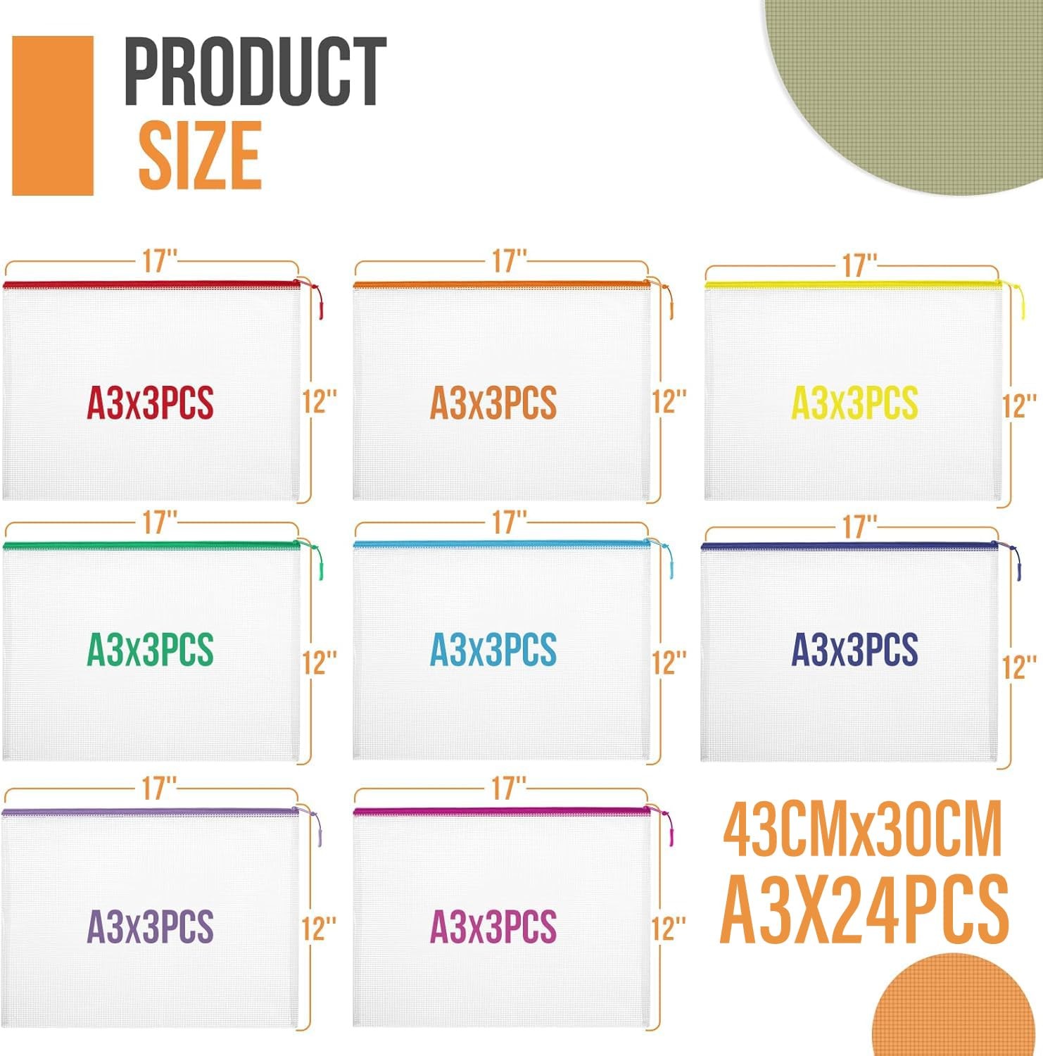 24pcs Mesh Zipper Pouch File Bags Puzzle Storage Bags, A3 17×12 A3, 8 Colors