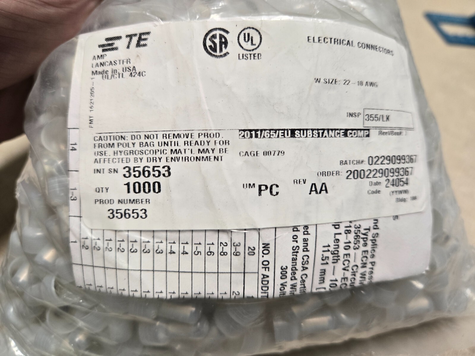 bag of 1000 AMP 35653 Crimp Cap Terminal Butt Splice Wire Connectors 10 – 22 GA