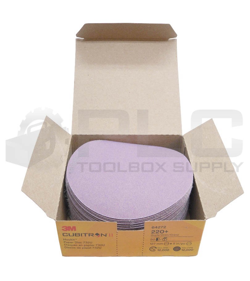 BOX OF 50 NEW 3M 64272 CUBITRON II HOOKIT PAPER DISC 732U, 220+ GRADE, 5″, 127MM