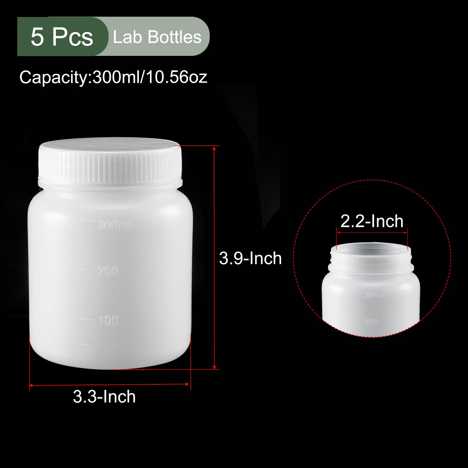 5 Pcs Chemical Storage Bottle,for Laboratory, Store, Factory (White, 300-ML)