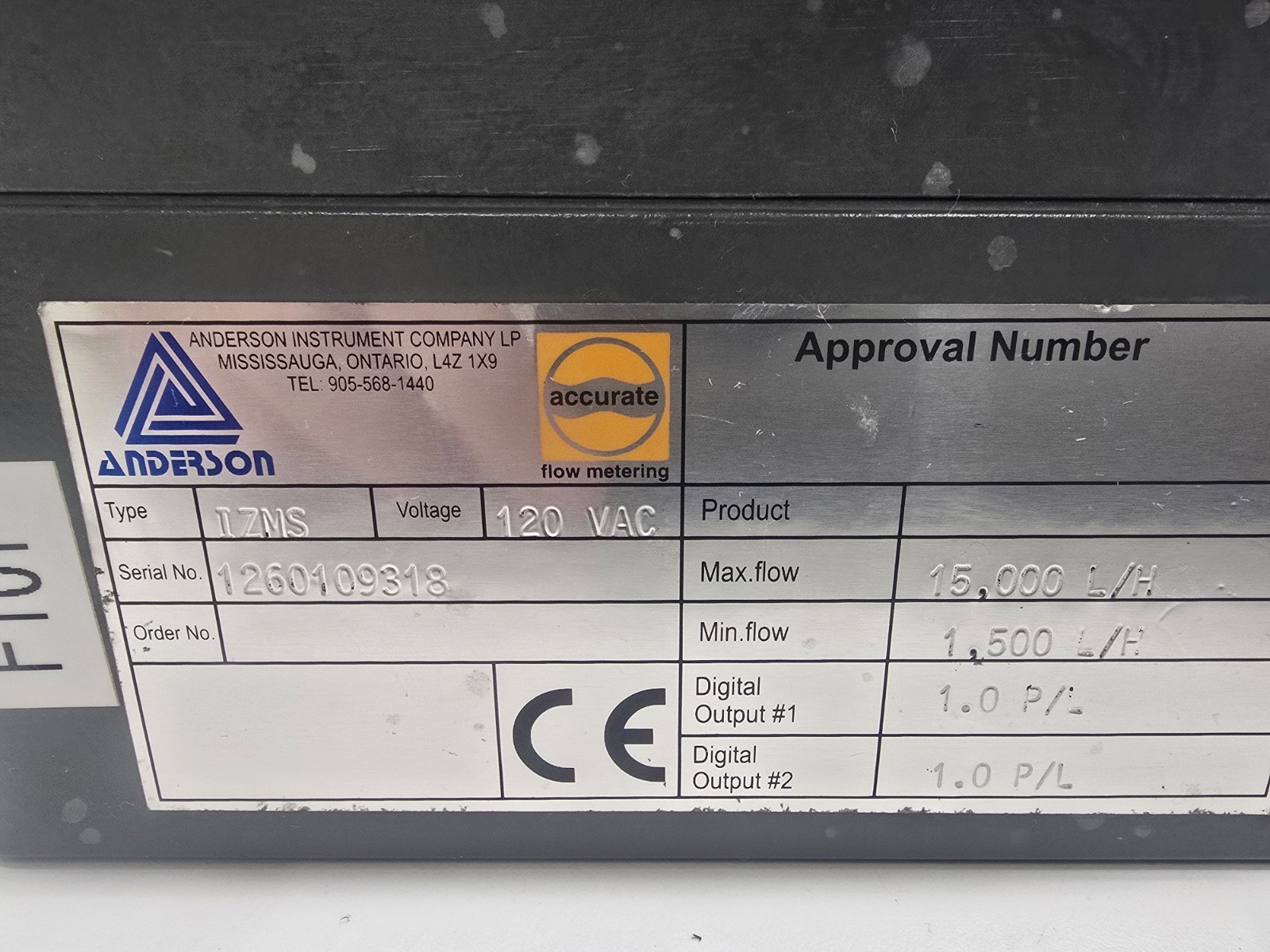 GOOD USED! ANDERSON 120VAC 1,500/15,000L/H ELECTROMAGNETIC FLOWMETER IZMS