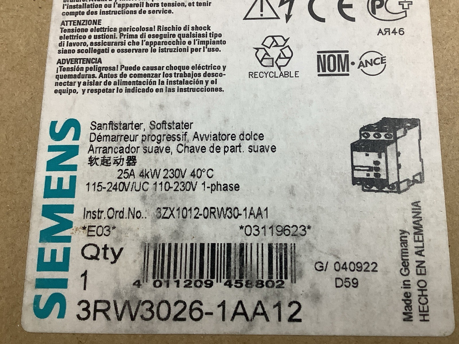 Siemens 21A 1PH 230v Soft Starter 3RW3026-1AA12 (b524)