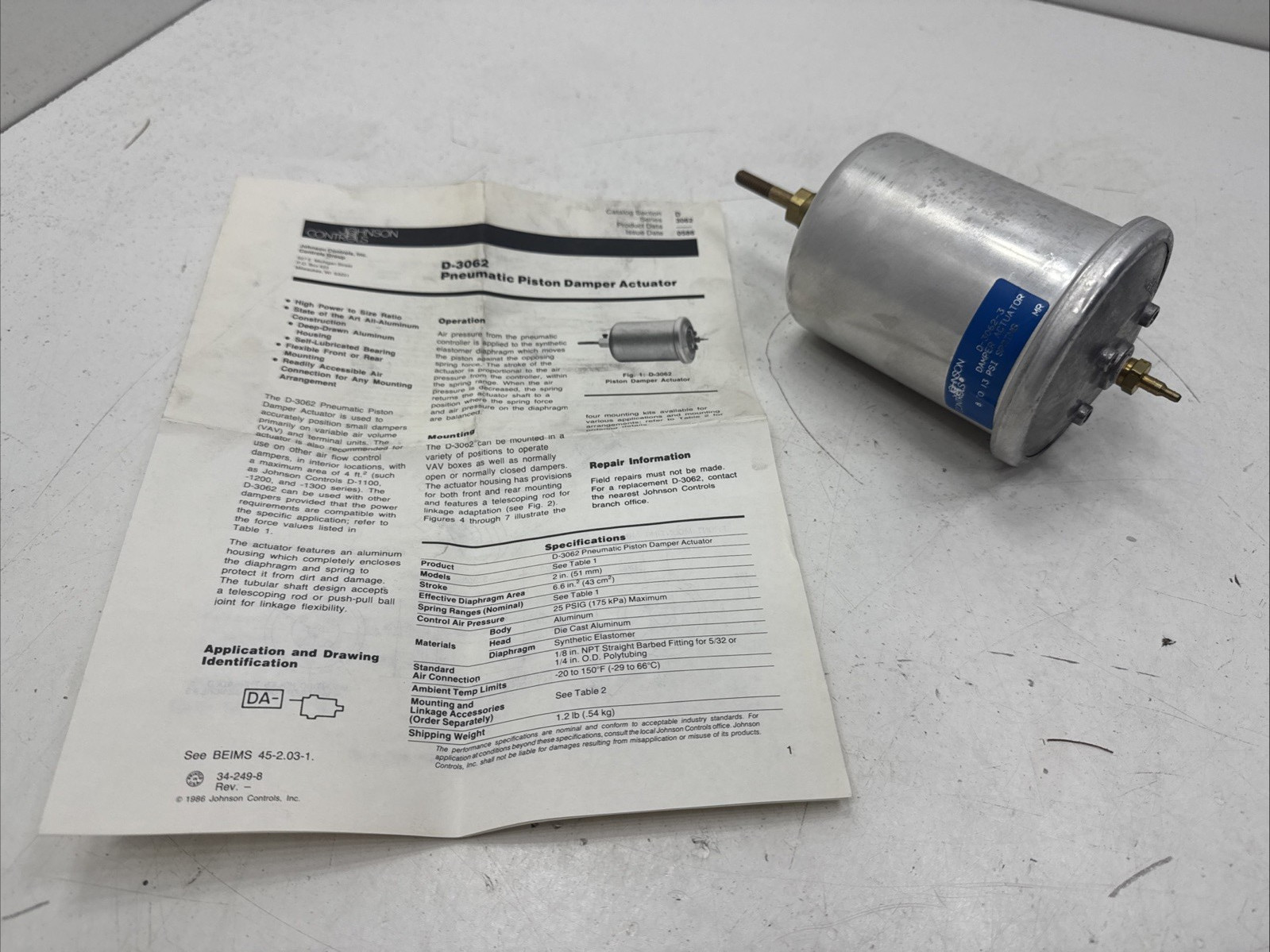 Johnson Controls D-3062-3 Pneumatic Piston Damper Actuator