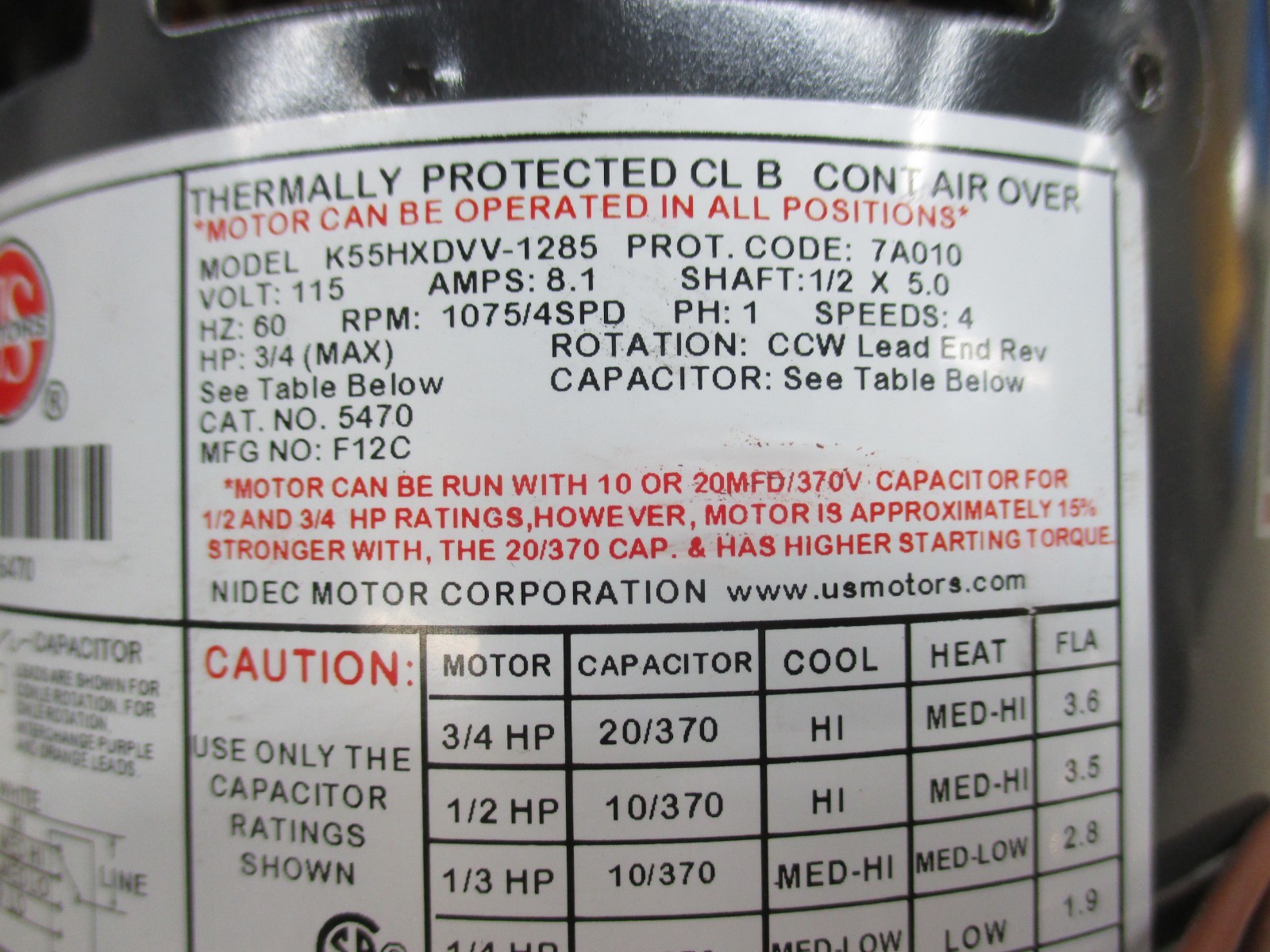 K55HXDVV-1285 US MOTOR ELECTRIC MOTOR 3/4HP