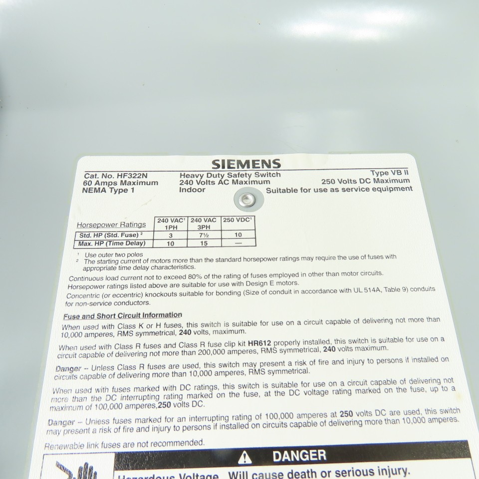 Siemens HF322N 60A 3-Pole Fusible Safety Disconnect Switch 240VAC 250VDC