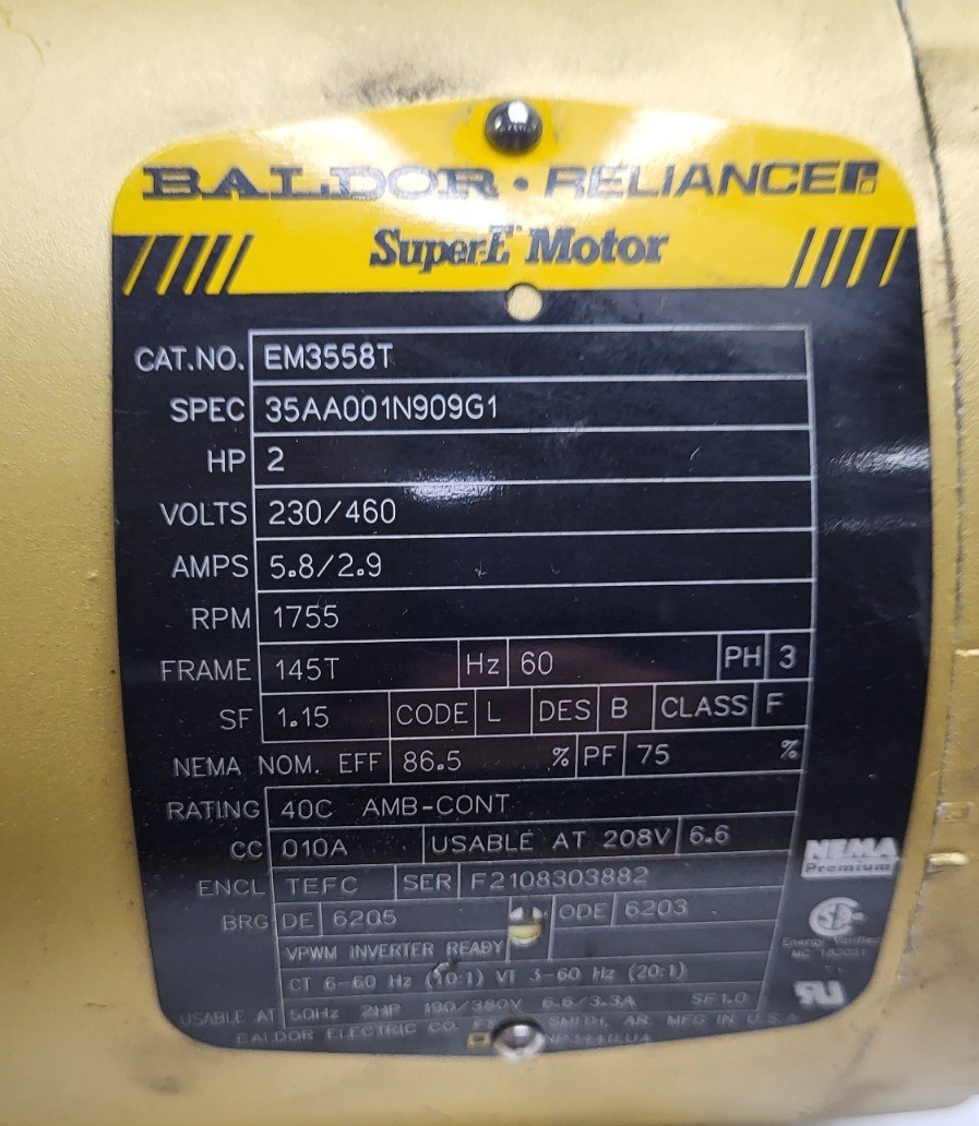 BALDOR EM3558T MOTOR 2HP 3PH 1755RPM FR: 145T Spec: 35AA001N909G1