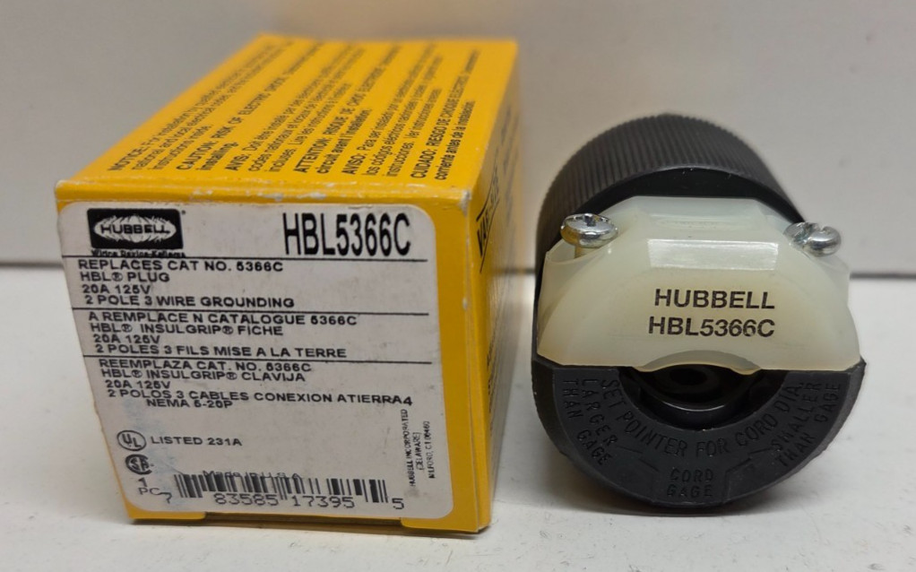 NEW IN BOX! HUBBELL 20A 125V 2P 3WIRE PLUG HBL5366C