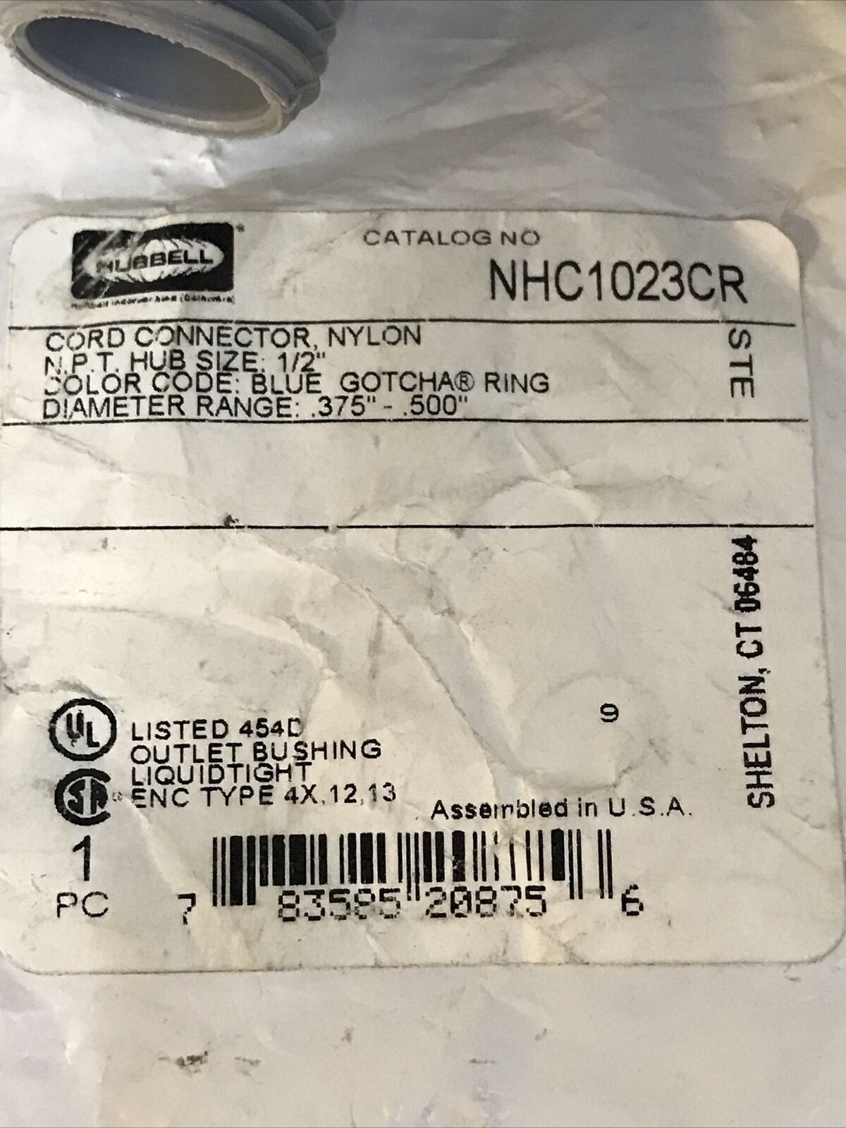 HUBBELL NHC1023CR 1/2″ NPT .375″-.5” Nylon Cord Connector Blue Gotcha Ring