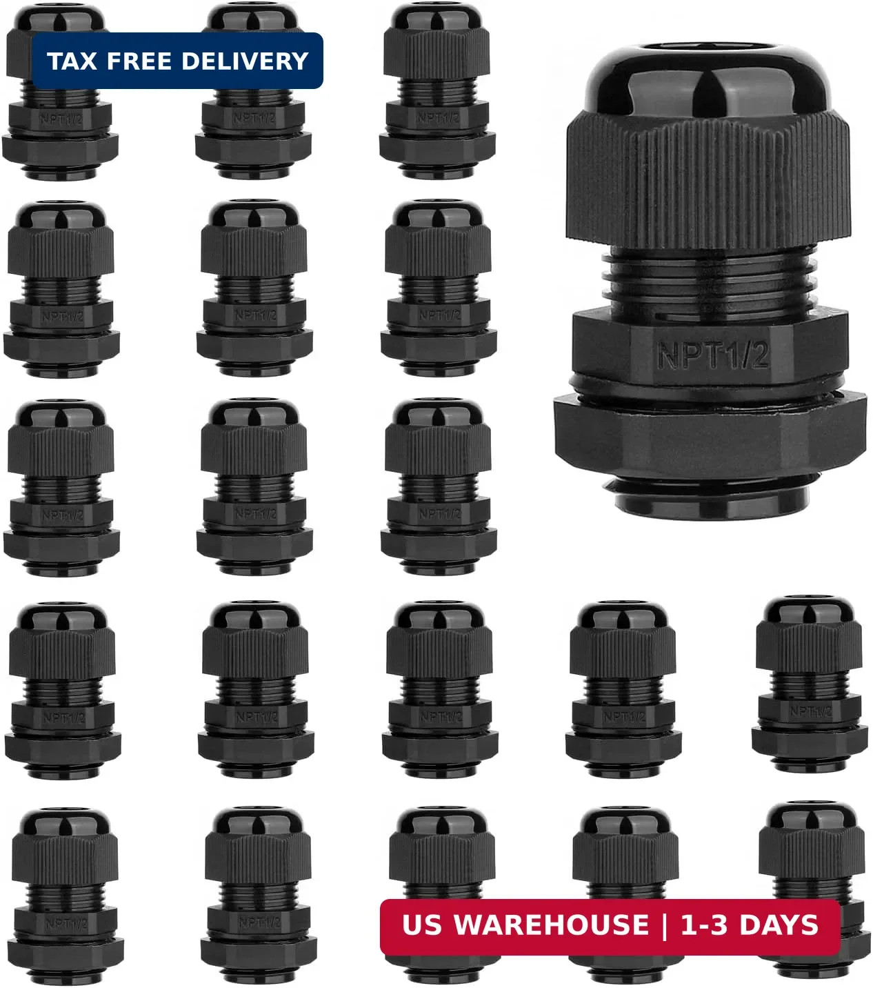 20 Pack 1/2” NPT Cable Gland Waterproof Adjustable 6-12mm/0.24-0.47inch Nylon C