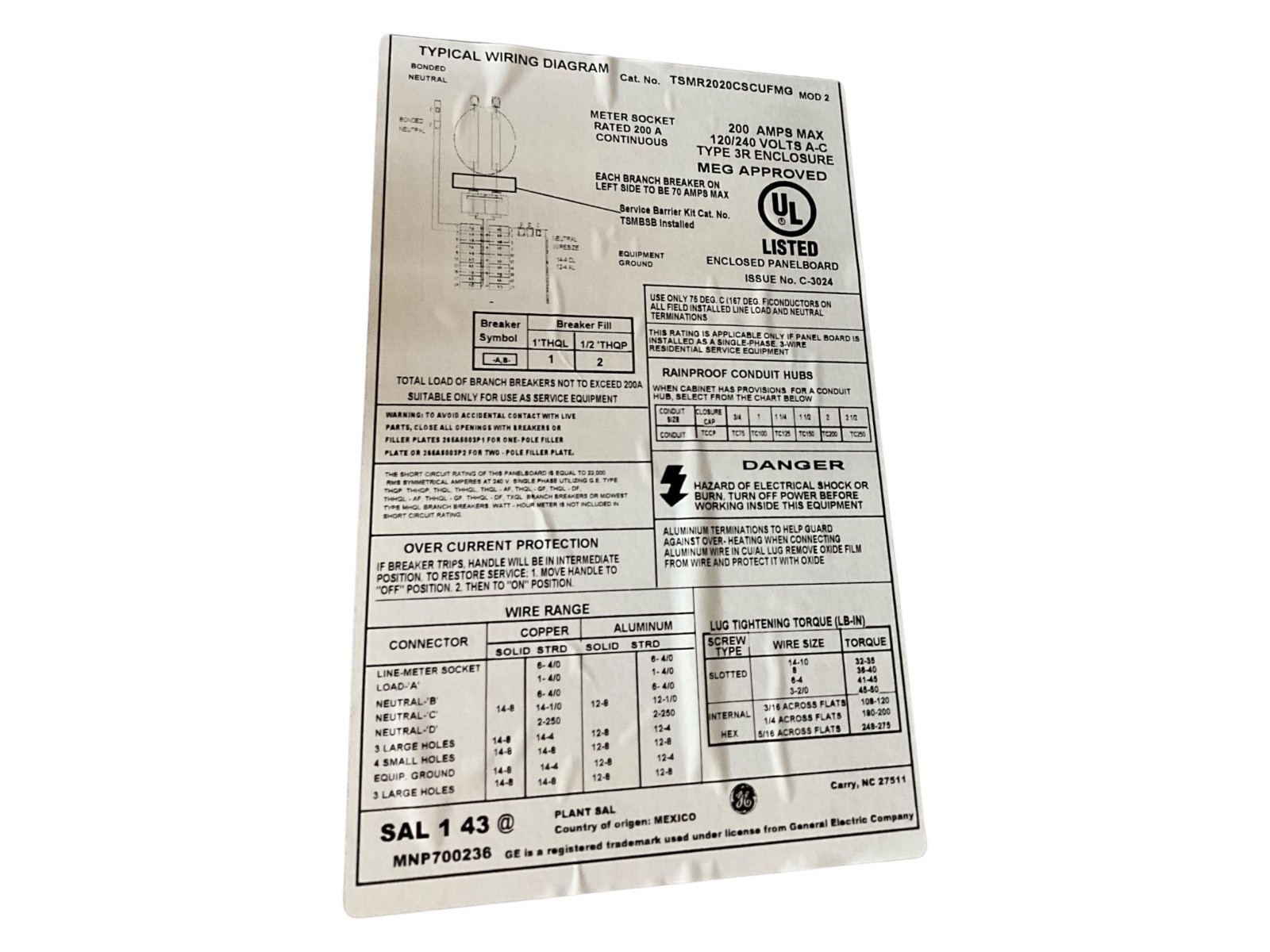 GE TSMR2020CSCUFMG 3-Wire 20/40-Circuit Main Breaker Meter Socket Load Center