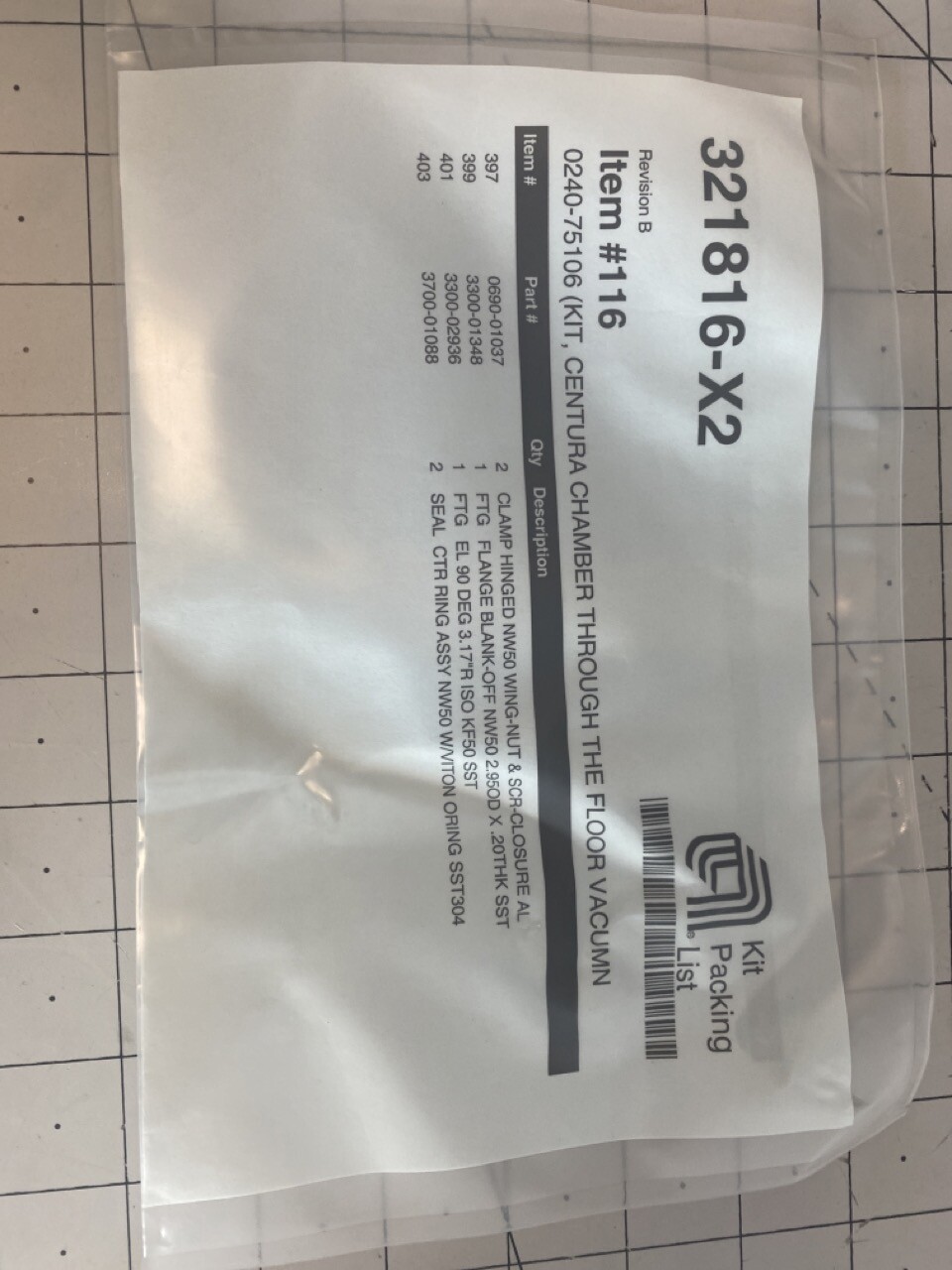 Applied Materials Kit, Centura Chamber Through the Floor Vacuum Copnn0240-75106