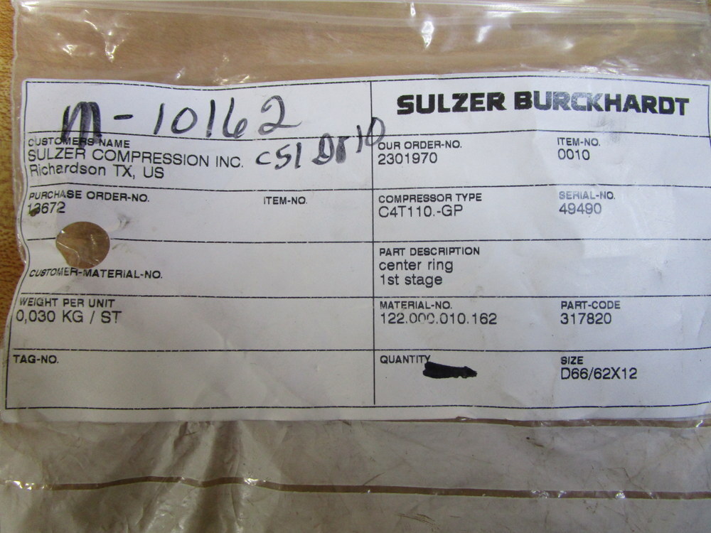 Sulzer Burckhardt D66/62X12,CT Centering Ring M-10162 (Pack of 4)