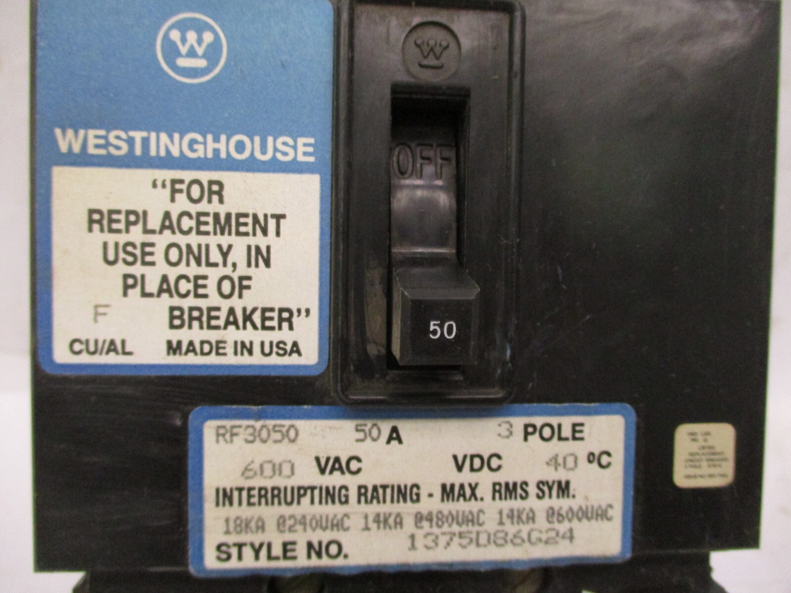 Westinghouse 1375D86G24 RF3050 50A 3 Pole 600V AC 40°C A4639IPL