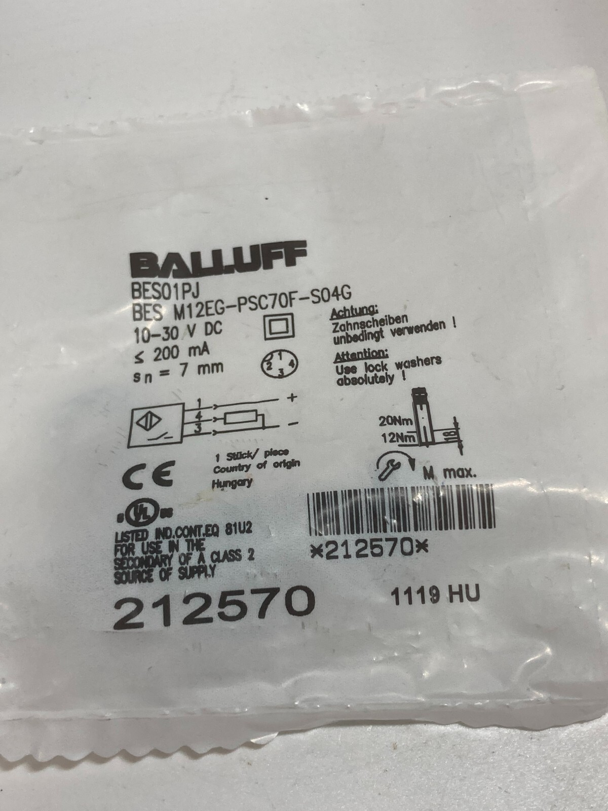 BALLUFF BES M12EG-PSC70F-S04G INDUCTIVE PROXIMITY SENSOR 10-30VDC S-7MM NIB