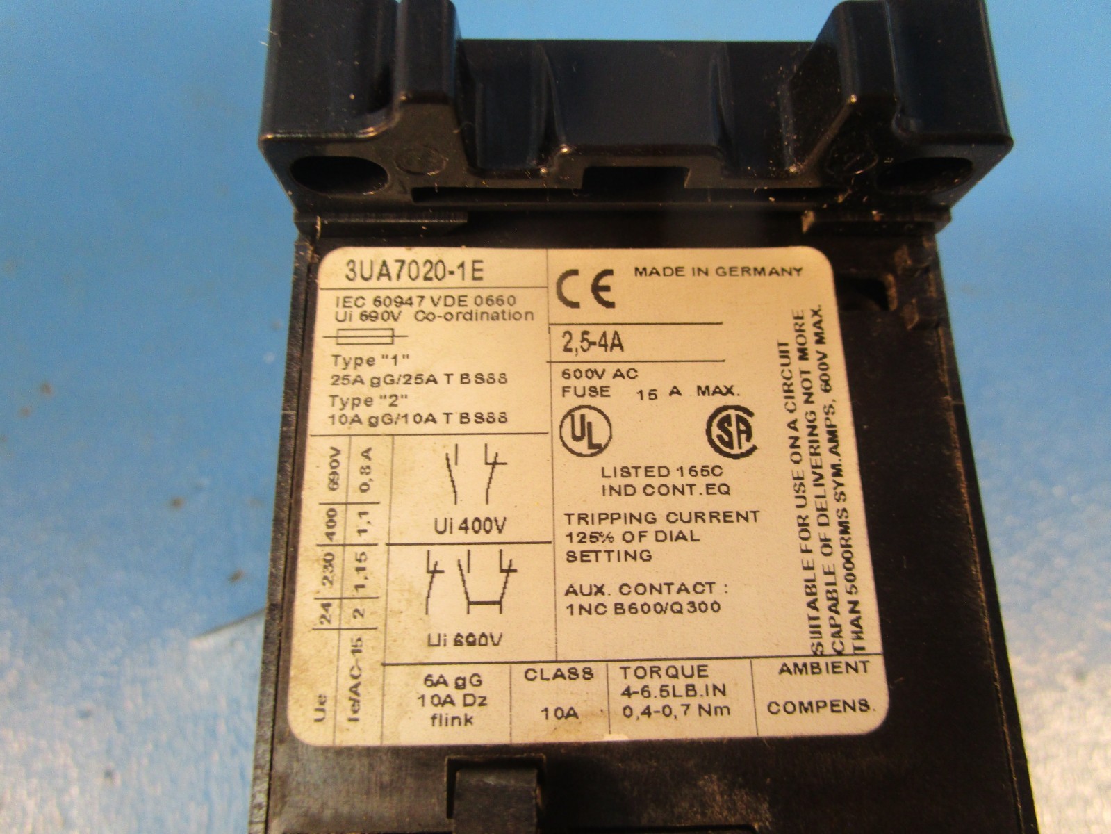 Siemens 3UA70 20-1E, Overload Relay 1 – 1.6A 3UA7020-1A, 3UA79 00-0C