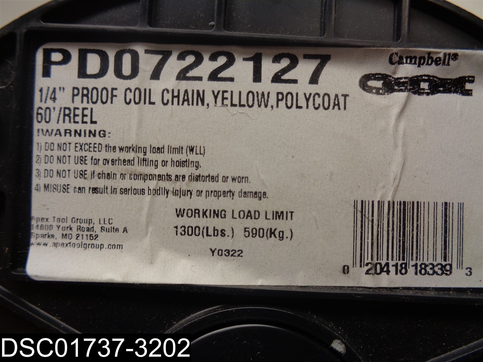 PD0722127 Campbell 1/4″ Proof Coil Yellow Poly Coat 60 Foot Chain Spool 1300lb