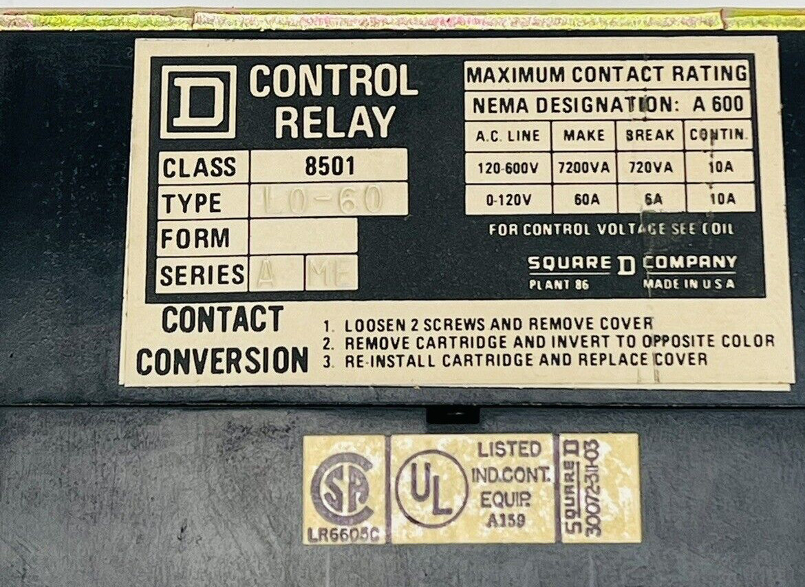 Square D 8501 Type LO-60 A.C Magnetic Relay Open Type 120-60/110-50 *WARRANTY*