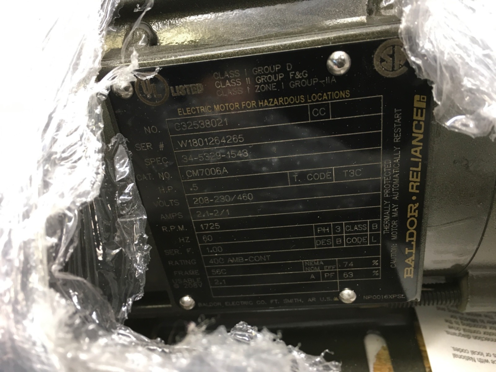 Baldor-Reliance .5hp motor, CM7006A, 208-230/460V, 1725rpm, NOS, LG-4460