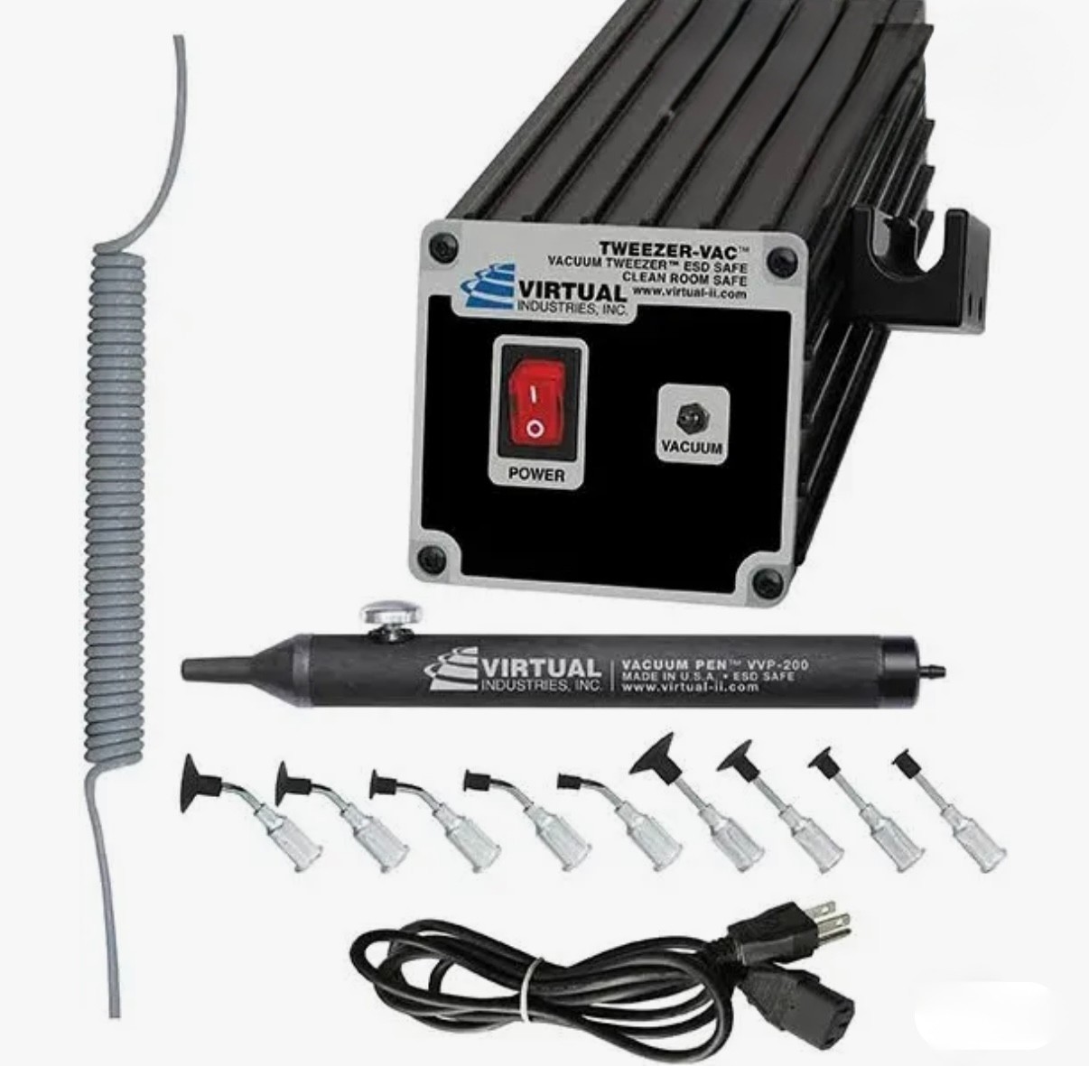 Tweezer-Vac™, Aluminum, 7-1/4 x 3 x 2-1/2 inches with 9 Interchangeable Tips.
