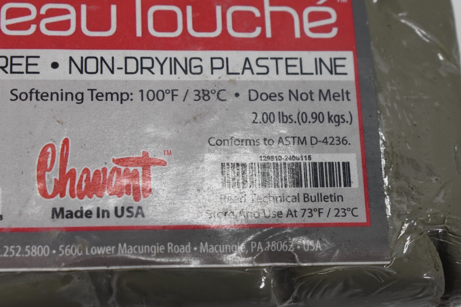 Chavant Le Beau Touche Plasteline Non Hardening Clay 2 lbs Block Gray Color