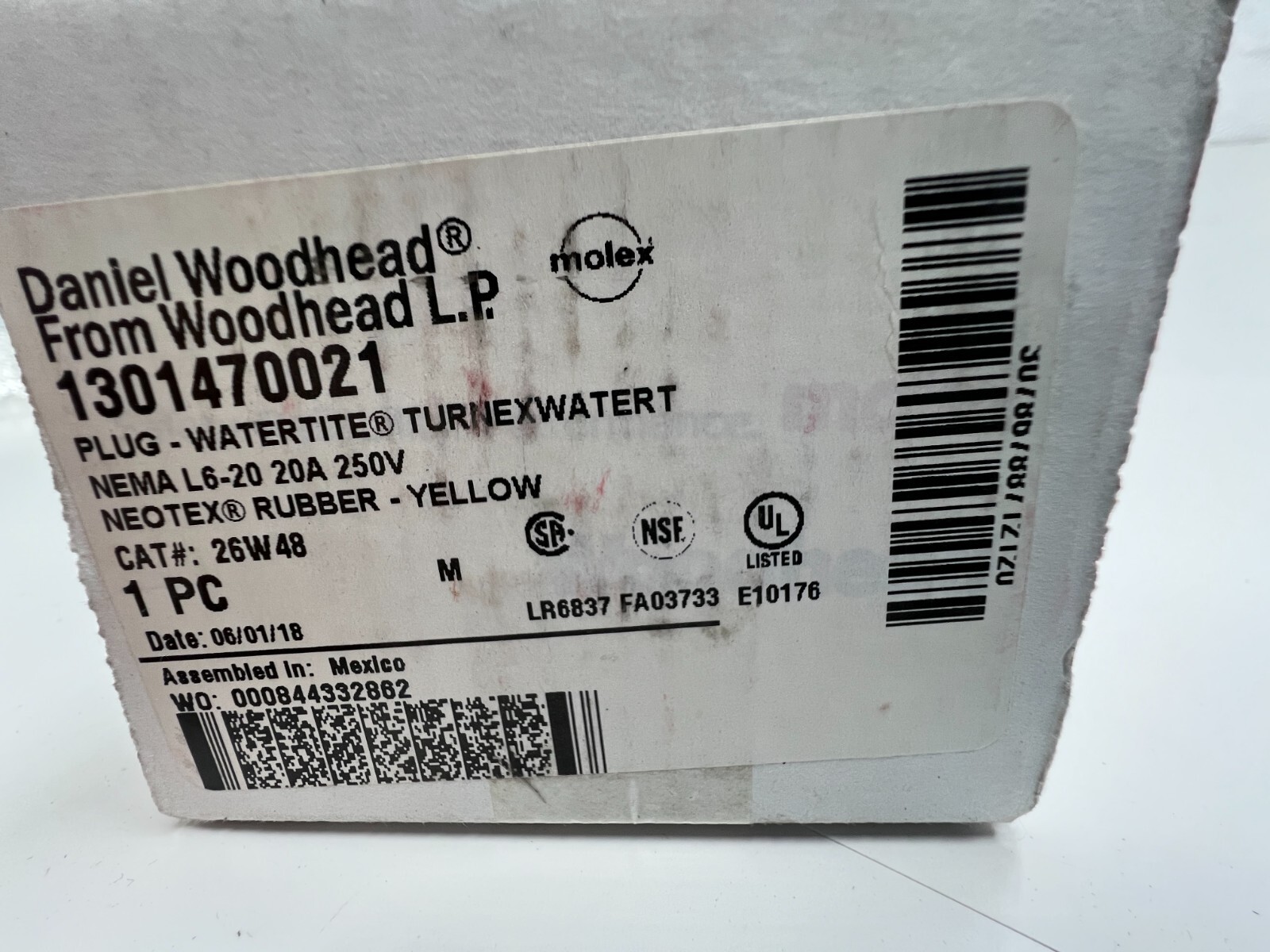 Woodhead Water Tite Connector Plug 1301470021 L6-20 20A 250V Neotex Rubber